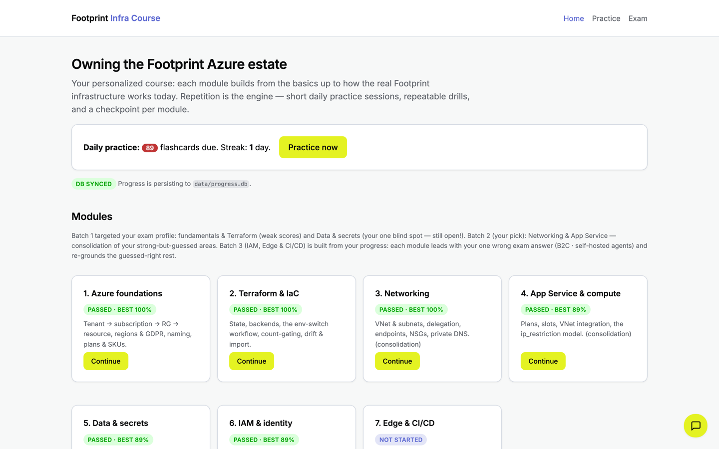 The course dashboard: seven modules, daily practice, progress synced to SQLite